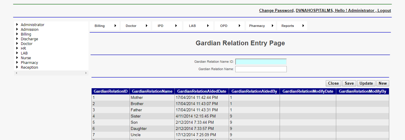 DVNA Hospital Management Software Gardian Relation Entry